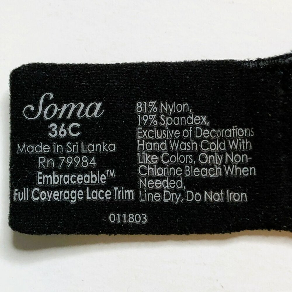 Soma Embraceable Full Coverage Bra 36C Lace Trim Underwired Black Beige - Picture 5 of 6